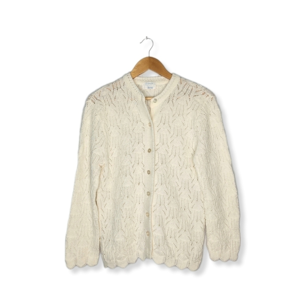 Vintage Open Knit Nuetral Ivory Cardigan Granny Sweater Size Small